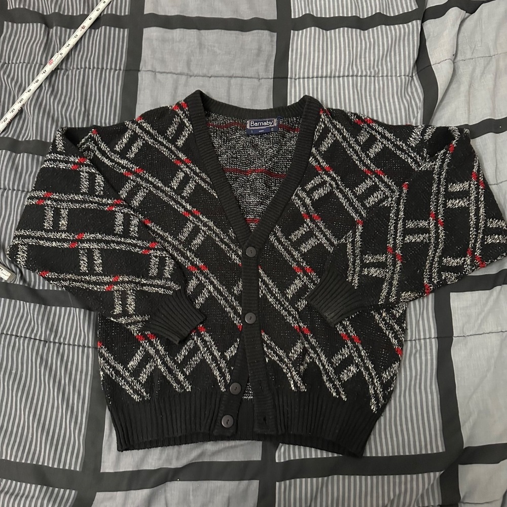 Vintage 80's Barnaby Brand Grandpa Cardigan Sweater Black‎ Gray Mens XL